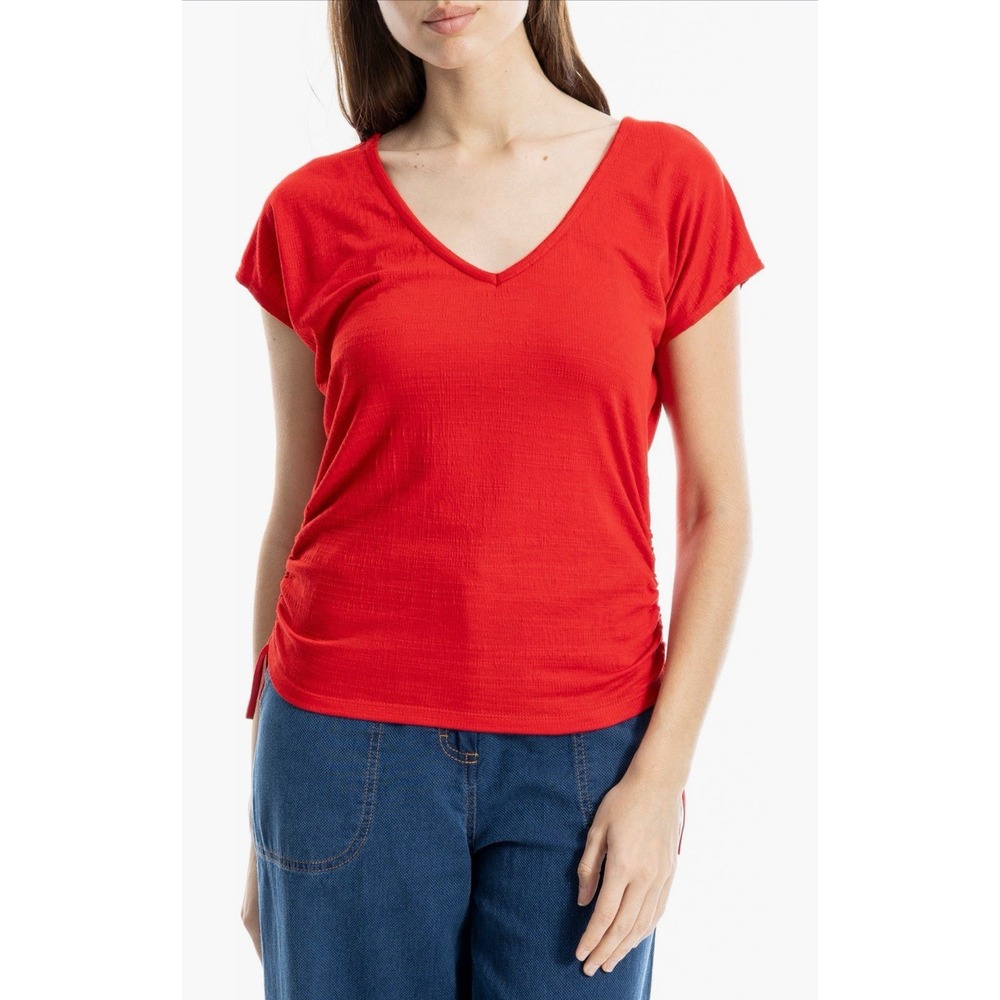 Max Studio London T-Shirt Womens Medium Red NEW V-Neck Ruched Side Tie Slub Knit